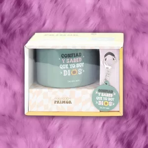 PACK TAZA 12 OZ + LLAVERO DE CAUCHO COLECCION PRIMOR CONFIAD Y SABED